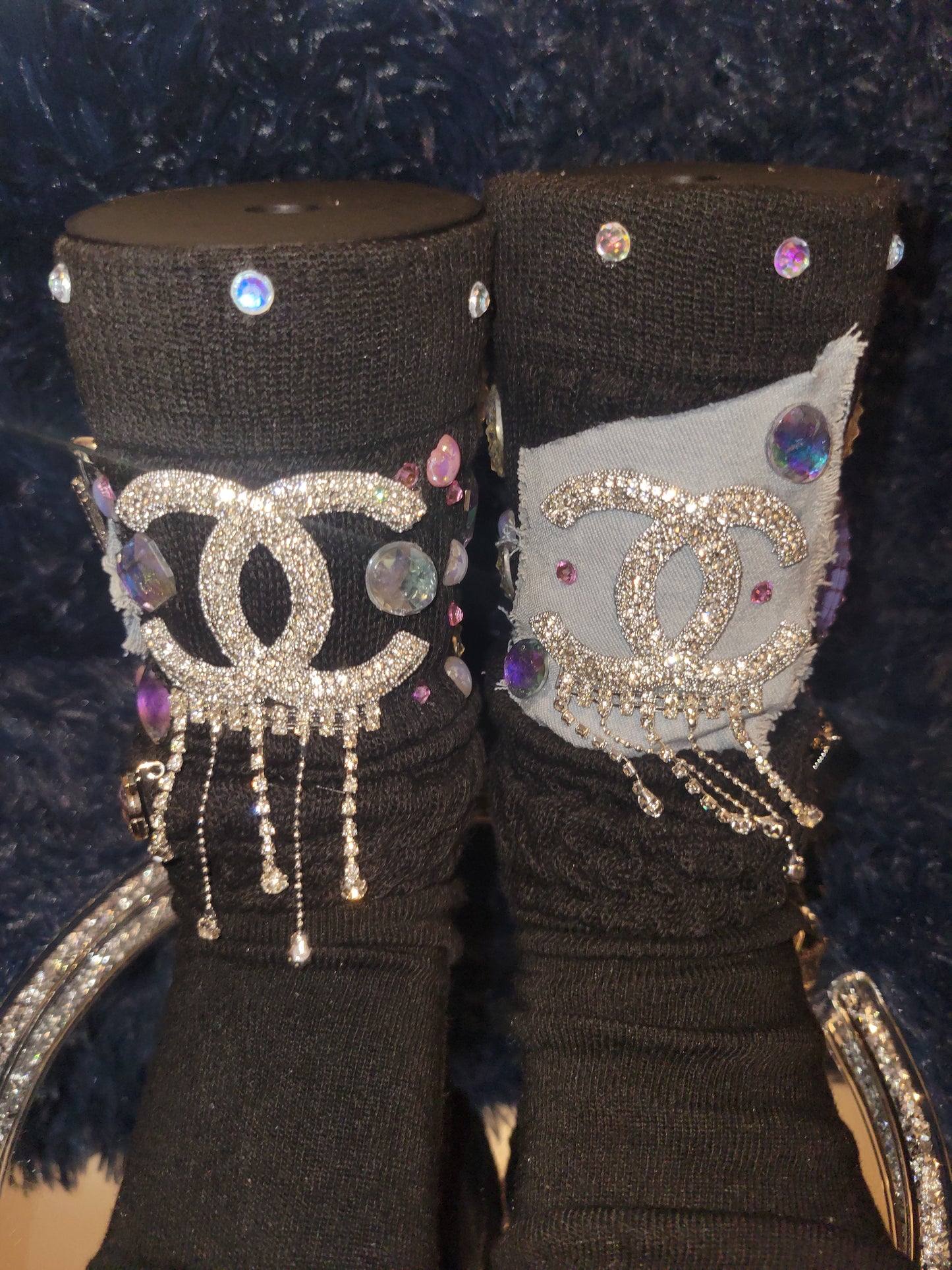 Luxury inspired brooch bling socks black, silver, pink, and jean combo