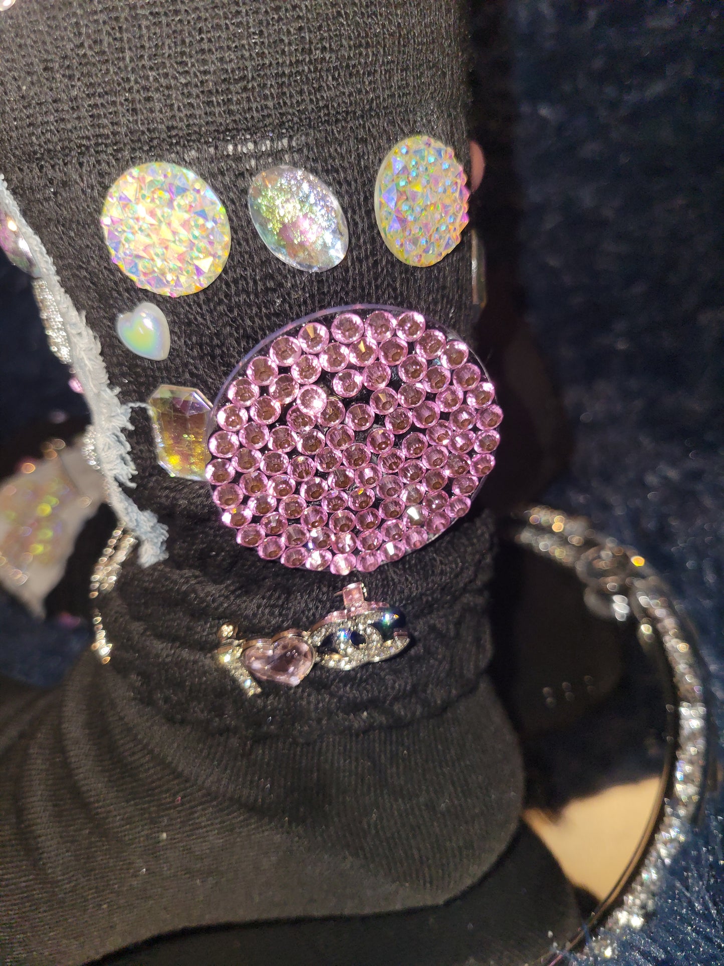 Luxury inspired brooch bling socks black, silver, pink, and jean combo